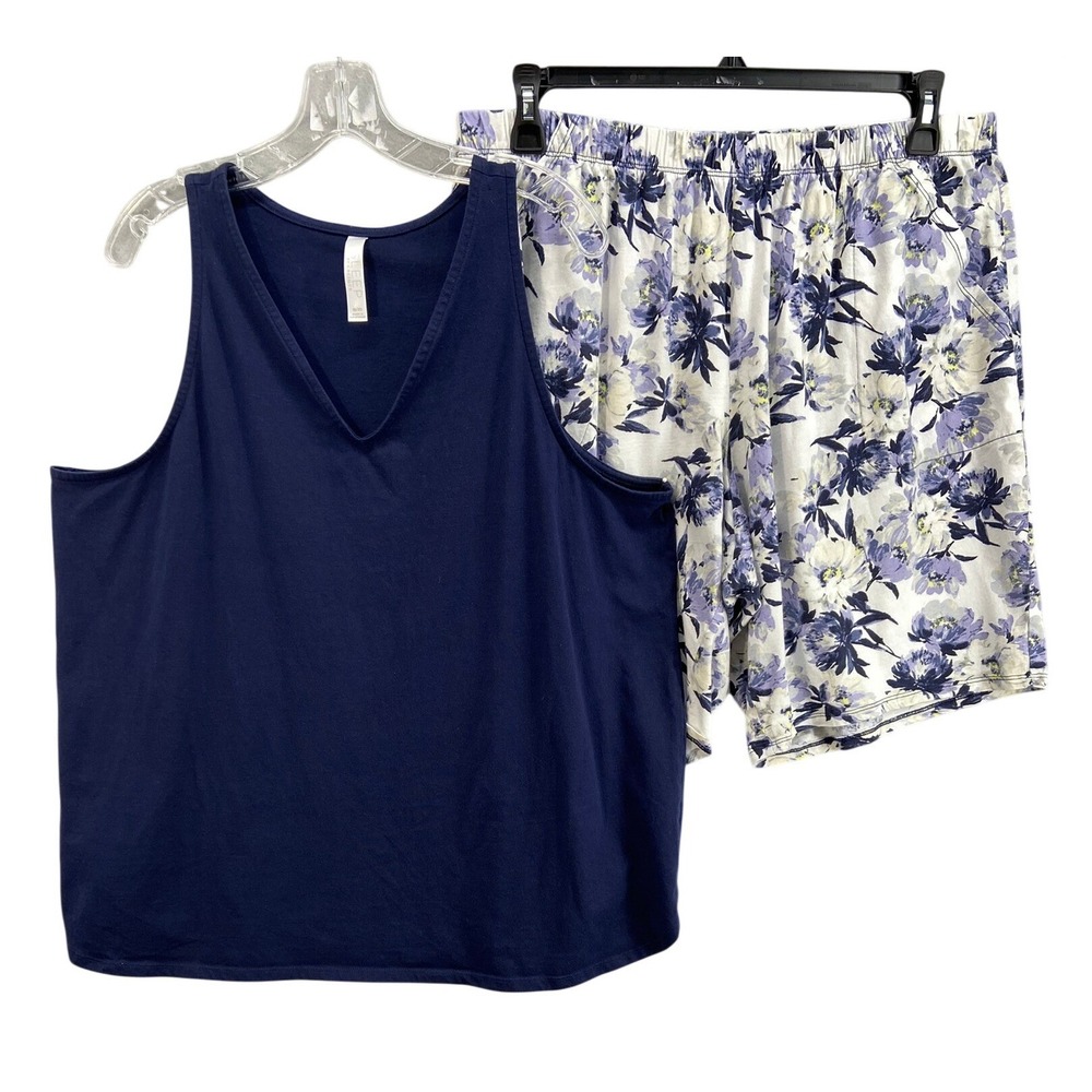 Sleep by Cacique Pajama Set Womens 18/20 Navy Blue‎ Tank Floral Shorts Cotton